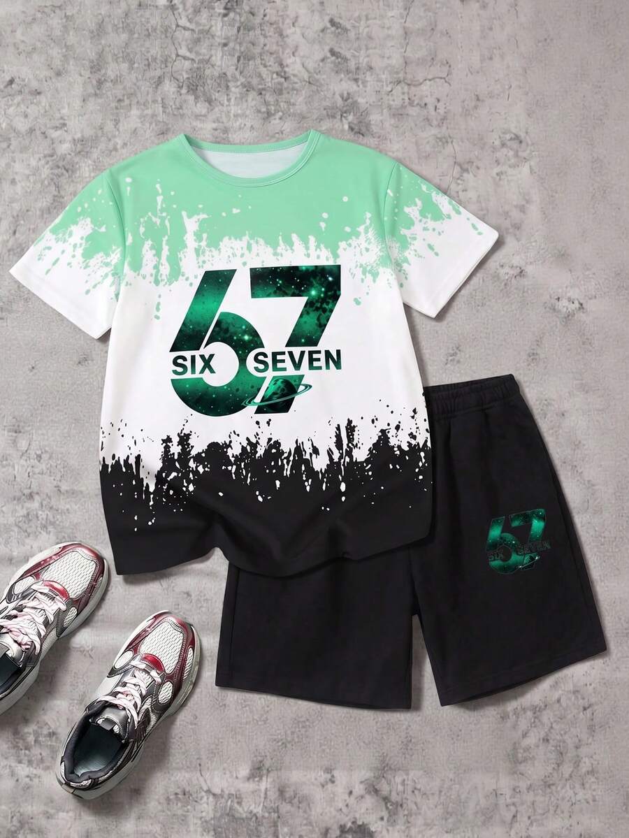 青少年男童夏季休闲时尚街头渐变泼墨数码印花短袖T恤和短裤套装 - 彩色 - 查看 1