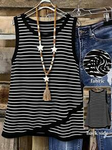 SHEIN Plus Size Women's Simple Casual Versatile Striped Round Neck Tank Top - Black and White - View 1