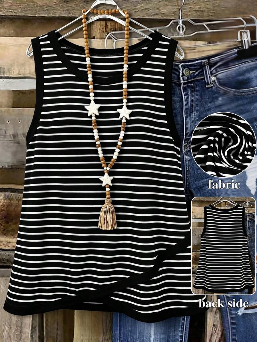 SHEIN Plus Size Women's Simple Casual Versatile Striped Round Neck Tank Top - Black and White - View 1