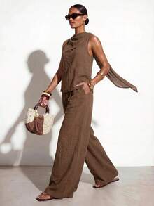 Zivah Summer Commuter Casual Loose-Fitting Coffee Brown Sleeveless Scarf-Neck Top In Linen Fabric+ Wide-Leg Pant Women Two Pieces Set Vacation - Brown - View 2