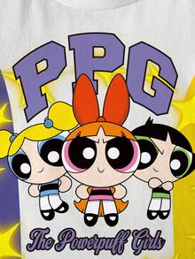 THE POWERPUFF GIRLS X SHEIN 少女卡通印花可愛圓領套頭短袖T恤 - 白色 - 查看 4