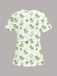 PopScrub Women's V-Neck Short Sleeve Dinosaur & Palm Tree Print Top - Multicolor - View 2