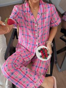 Napfluff Conjunto de pijama para mujer con estampado de cuadros rosas y pequeños corazones, solapa y manga corta, pantalones largos - Rosa - Ver 4