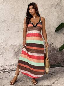 Breezaya Spring Summer Autumn Casual Comfortable Striped Fabric Feature Shoulder Strap Design Multi-Color Plus Size Dress - Multicolor - View 4