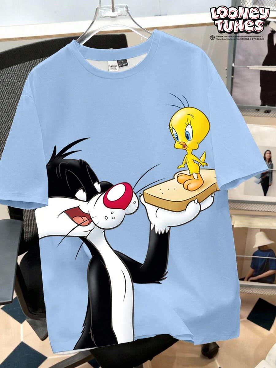 Looney Tunes X Manfinity Manfinity Joysei 男士卡通印花圆领宽松休闲短袖T恤 - 淺藍色 - 查看 1