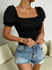 Breezaya Blus Wanita Kasual Musim Panas Warna Polos Lengan Mengembang - Hitam - View 5