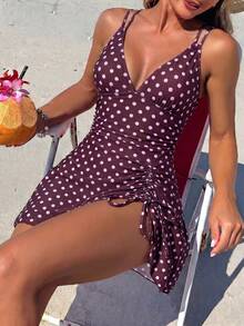 Swim Vcay 女款夏季海灘穿搭 碎花印花抽繩交叉肩帶V領抓皺裙褲 性感泳裙 - 棕色 - 查看 1