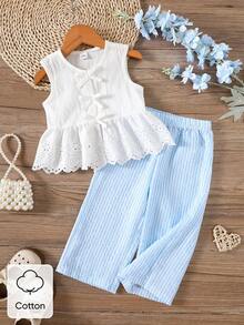 Elladie kids 女童夏季兩件套藍色無袖上衣 + 寬腿褲套裝，女童夏季必備！穿著清爽，適合兒童細嫩肌膚。無袖圓領上衣簡約優雅，下擺鏤空刺繡設計，展現甜美優雅；寬腿褲版型寬鬆飄逸，一套可應對日常上學、公園玩耍等多種場景 - 彩色 - 查看 7