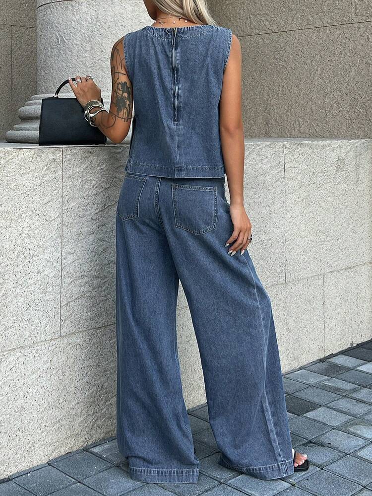 Women's Loose Casual Streetwear Sleeveless Top And Straight Leg Jeans Set, Suitable For Spring And Summer Everyday Blue Everyday