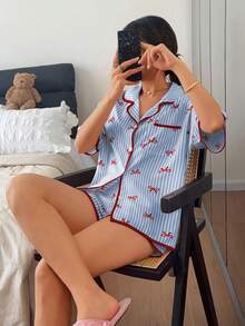 Napfluff Cute Striped Bow Pink Print Shorts Short Sleeve Women's Pajama 2 Pieces Set - Blue - View 5