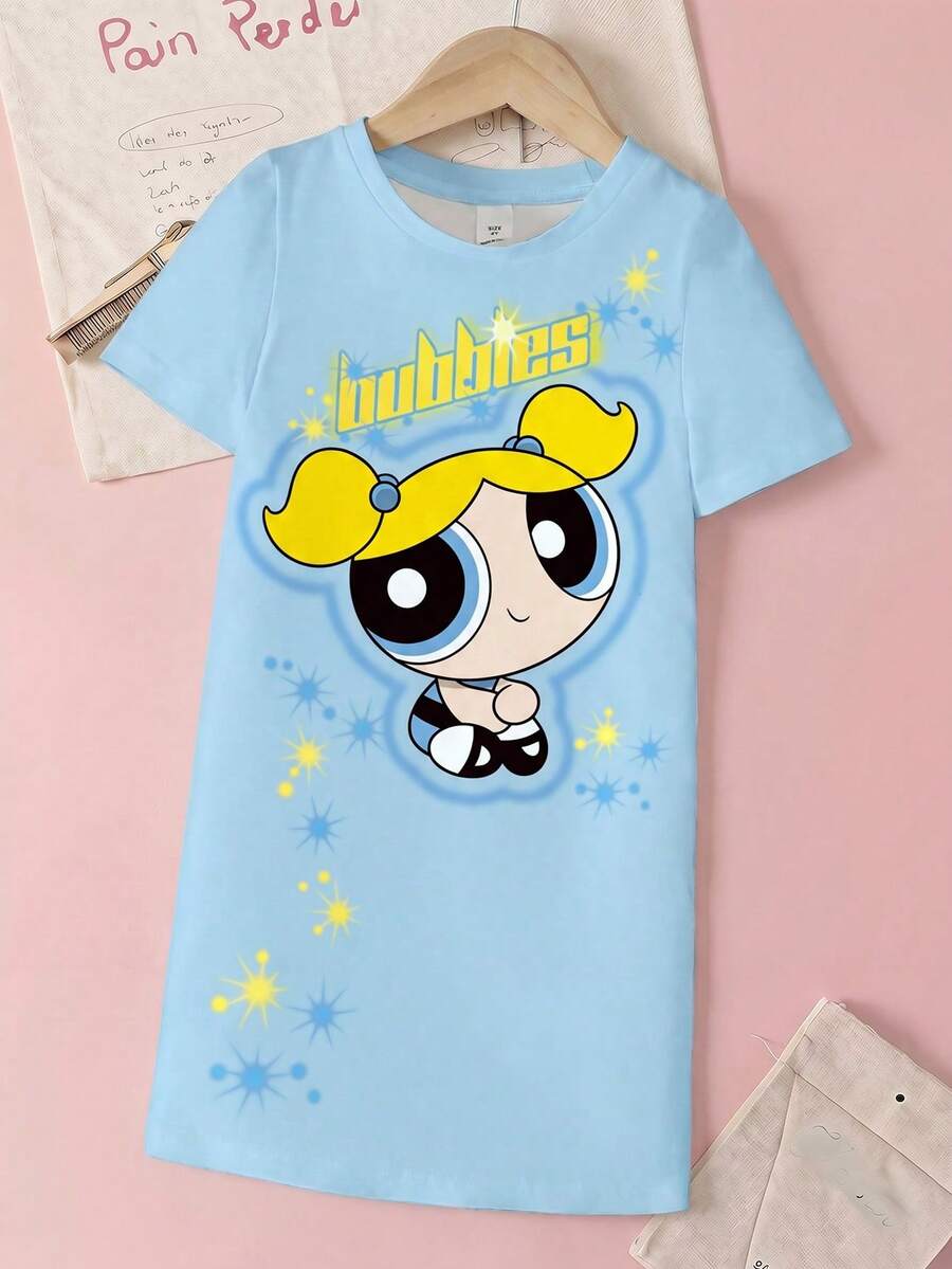 THE POWERPUFF GIRLS X SHEIN 女童泡泡图案圆领短袖连衣裙 - 白色 - 查看 1