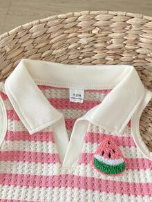 SHEIN Playful Pals 2件組女嬰無領無袖蝴蝶結刺繡粉色V領背心上衣 + 彈性腰圍刺繡蝴蝶結裝飾水洗淺藍色裙褲短褲，休閒可愛套裝，適合夏季日常外出或旅行度假穿著 - 藕粉色 - 查看 4