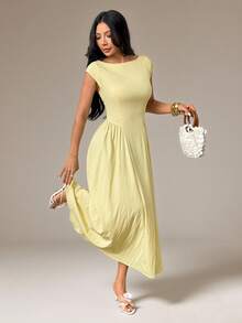 SHEIN PETITE Women's Elegant Casual Fashion New Style Vacation Cap Sleeve Waist-Defining A-Line Umbrella Midi Dress In Yellow ,Petite Women - Light Yellow - View 1