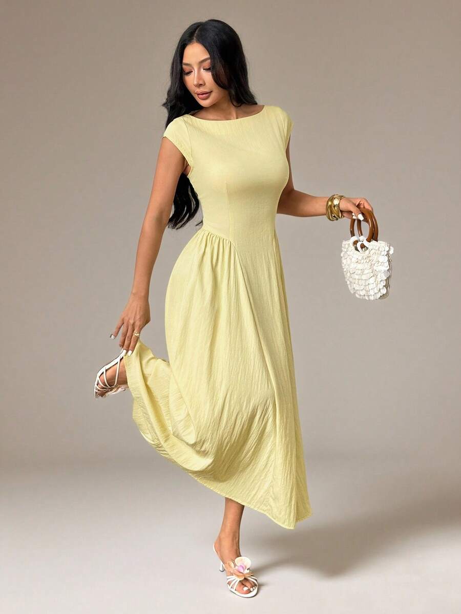 SHEIN PETITE Women's Elegant Casual Fashion New Style Vacation Cap Sleeve Waist-Defining A-Line Umbrella Midi Dress In Yellow ,Petite Women - Light Yellow - View 1