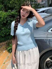 DAZY 女款素色 Polo 領短袖休閒針織上衣，春夏校園風 - 藍色 - 查看 6