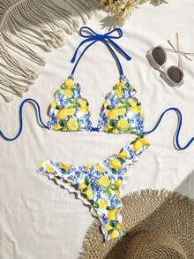 Swim Mod Women's Sexy Solid Color High Elasticity Ruffle Edge Design Bikini Set For Vacation - Multicolor - View 1