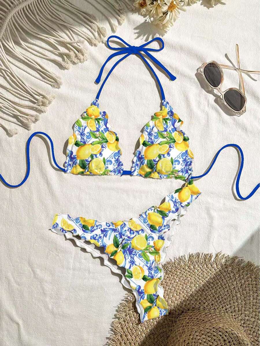 Swim Mod Women's Sexy Solid Color High Elasticity Ruffle Edge Design Bikini Set For Vacation - Multicolor - View 1