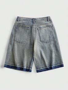 ROMWE MEN Street Life Celana Pendek Denim Pria dengan Hiasan Berlian Imitasi Warna-warni dan Saku Kancing - Biru - View 2