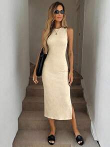 SHEIN LUNE Women's Textured Fabric Beige Midi Dress Vacation Summer Modest - Apricot - View 4