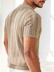 Manfinity Dauomo Italian Retro Style Men's Vertical Striped Hollow Out Polo Shirt, Summer Versatile Short Sleeve Collared Button Casual Knit Top - Khaki - View 4
