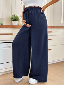 SHEIN Maternity Casual Textured Adjustable Waist Drawstring Long Pants - Navy Blue - View 3