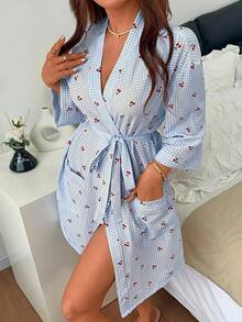 Napfluff Women's Casual Cherry Plaid Print Open Front Robe - Blue - View 3