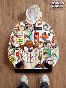 LOONEY TUNES X SHEIN Daypath 男士卡通图案长袖抽绳连帽衫，男士卡通连帽衫，男士 3d 图案连帽衫，动漫连帽衫，秋季 - 彩色 - 查看 1