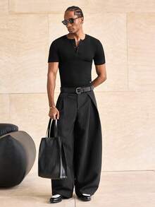 ESTAVOR Men's Fashion Versatile Ribbed Button Half-Placket Short Sleeve T-Shirt - Black - View 2