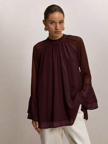 ATUI Studio Women's Minimalist Solid Color Loose Pleated Flare Sleeve Blouse - Brown - View 5