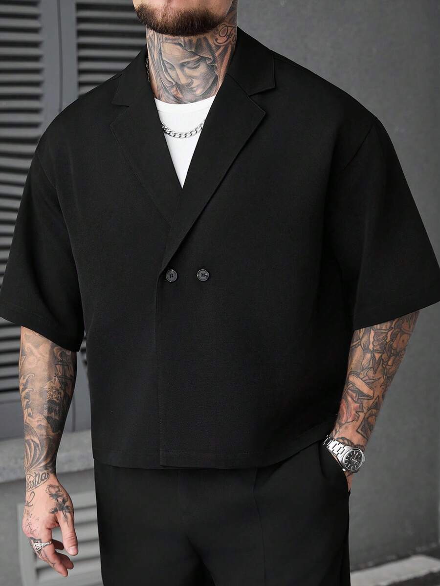 SLATEMANN 男士純色極簡休閒短袖短版襯衫,街頭風雙排扣襯衫,正式場合適用 - 黑色 - 查看 1