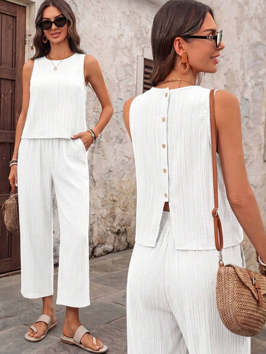 EMERY ROSE Women's Solid Color Round Neck Top And Long Pants Casual Daily 2 Pieces Set Vacation White Summer - White - View 1