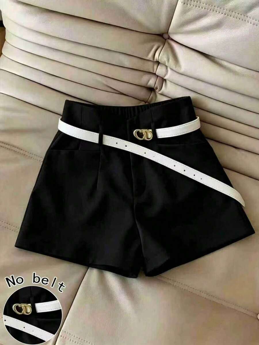 Franclia Pantalones cortos de mujer de unicolor y cintura elástica, adecuados para el transporte en verano - Negro - Ver 1