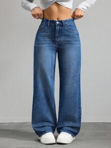 SHEIN ICON 大尺碼休閒直筒牛仔長褲 - 深色水洗藍 - 查看 1