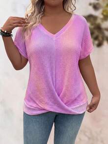 EMERY ROSE Plus Size Women's Casual V-Neck Rainbow Color Scheme Hem Cross Twist Knot Elegant Slimming Design Short Sleeve T-Shirt - Mauve Purple - View 5