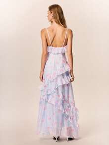 Willow Rêve Floral Print Faux Silk Ruffle Hem Spaghetti Strap Backless Light Blue Women's Maxi Dress - Dusty Purple - View 2