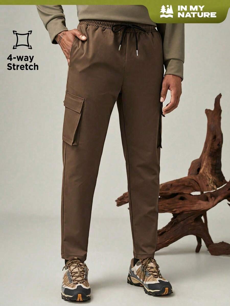 SHEIN In My Nature Men's Simple Solid Color Outdoor Pants With Pockets Suitable For - Army Green - View 1
