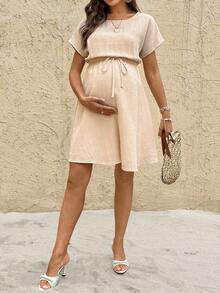 SHEIN Boat Neck Solid Color Waist Bowknot Decor Maternity Dress - Apricot - View 4