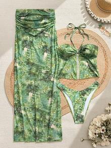 SHEIN Swim 春夏新款多色動物植物印花拼接數位印花半透明網紗顯瘦掛脖抓皺包臀鉛筆裙女款浪漫派對海灘度假三件式泳衣套裝 - 彩色 - 查看 2