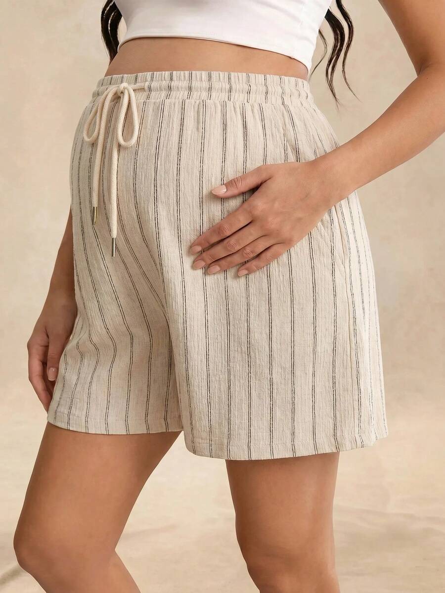 Boho Mama Maternity Vacation Casual Striped Shorts Boho Summer Outfits Casual Baby Shower Outfits - Dark Grey - View 1