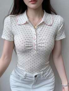 DAZY 夏季可愛波點白色休閒街頭風運動音樂節性感修身女款 Polo 衫 T-shirt Y2K - 白色 - 查看 4