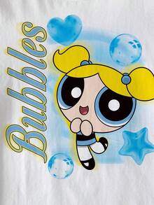 THE POWERPUFF GIRLS X SHEIN 少女百搭圆领短袖T恤 - - 白色 - 查看 5