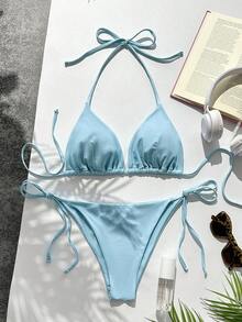 Swim Mod Women's Summer Halter Neck Triangle Cup Side Tie Sexy Dual Fabric Bikini Swimsuit For Beach Vacation - Baby Blue - View 3