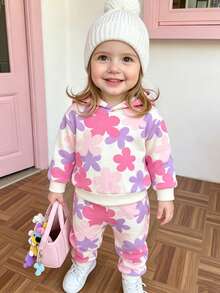2pcs/Set Baby Girl Floral Print Contrast Color Hooded Sweatshirt & Pants Outfit, Suitable For Autumn, Winter, Spring, Indoor & Outdoor Daily Wear - Multicolor - View 1