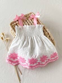 SHEIN 女嬰假日拼接蝴蝶結肩帶刺繡下擺洋裝，夏季 - 粉色 - 查看 6