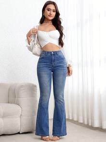 Flexra Petite 女款口袋鈕扣休閒百搭日常旅行牛仔褲，適合嬌小女性 - 藍色 - 查看 3