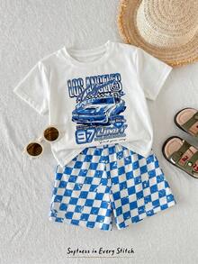 Young Boy Casual Simple T-Shirt Set, Classic Retro Racing Pattern Print, Handsome Retro Racing Checkered Flag Pattern Print, Suitable For Spring And Summer, Suitable For Sports - Multicolor - View 4