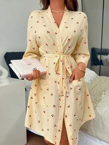 Napfluff Women's Casual Cherry Plaid Print Open Front Robe - Yellow - View 5