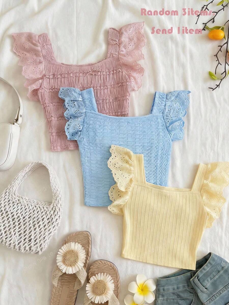 SHEIN 少女休閒度假居家拼接刺繡蕾絲飾邊紋理針織修身短版方領T恤上衣 白色 - 彩色 - 查看 1