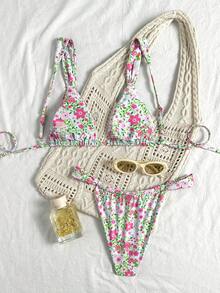 Swim Mod 1pc Women's Red & Green Ditsy Floral Triangle Sexy Beach Vacation Swimsuit Set - Multicolor - View 2