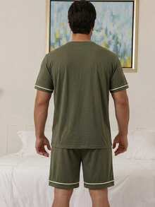 DAZY Solid Color Military Green Short Sleeve T-Shirt And Shorts Pajama Set For Men, Summer - Army Green - View 2